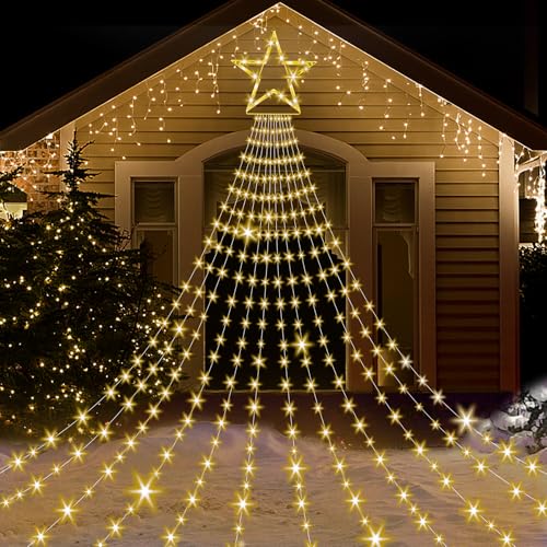 Onory Christmas Outdoor Star String Lights 23FT 860 LED Waterproof Waterfall Tree Lights with Star Topper, 8 Modes Christmas Decorations Outdoor Tree Lights for Patio, Yard, Party Holiday Dec