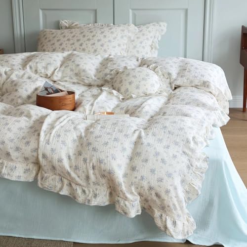 Image of BuLuTu Cottage Chic Ruffled Duvet Cover Full, Blue Floral Quilt Cover 79 inchx90 inch, 1 PC, Soft Muslin Cotton Comforter Cover Farmhouse Bedding Duvet Cover, No Comforter Insert /Pillowcase