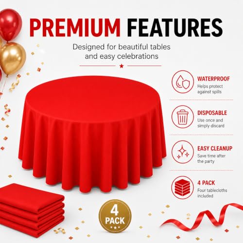 Image of WNINK 4 Pack Red Round Tablecloth, 84 Inch Disposable Plastic Table Covers, Red Round Table Cover for Birthday Parties, Holiday, Picnic, BBQ, Family Gathering Party Supplies