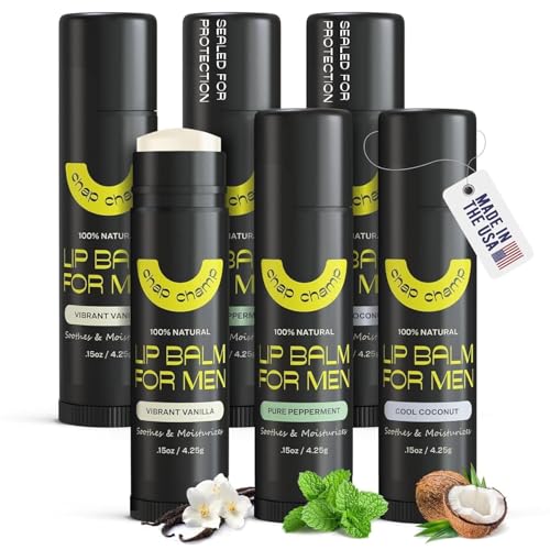 ChapChamp Lip Balm for Men - Mens Lip Balm Vitamin E and Beeswax - Chapstick for Men - Peppermint, Coconut & Vanilla - Made in the USA (All Natural, 6 Pack)