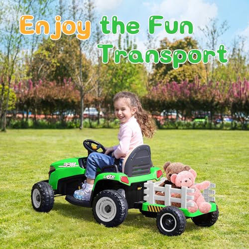 Image of ANPABO 24V Ride On Tractor for Kids w /Detachable Trailer, EVA Tires, Green