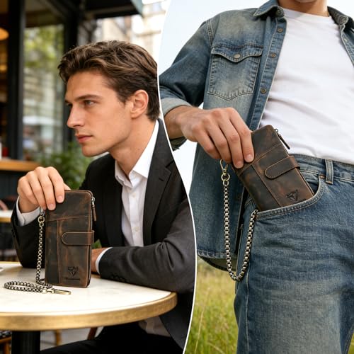 Image of Genuine Crazy Horse Leather Travel Gift Coin Pocket Card Case Long Organizer Chain Rfid Wallet Purse With Snap For Men Male 1803 1815 (1803B-Brown)