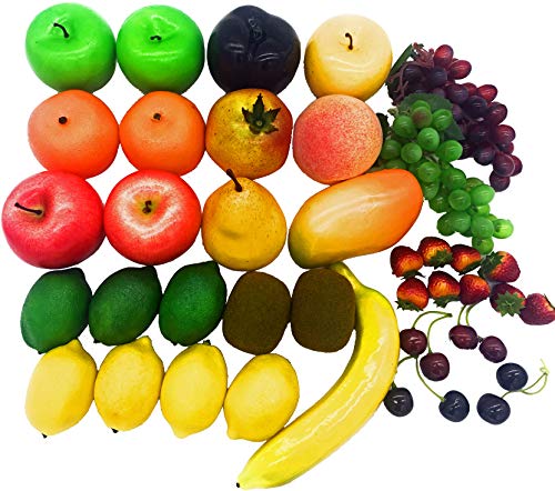 40 PCS Realistic Fake Fruits for Decoration - Lifesized Fruits Includes Artificial Grapes, Apples, Lemons, Kiwis, and More