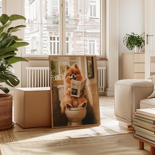 Image of Pomeranian on Toilet Wood Framed Wall Art Print Poster, Dog Bathroom Humor Decor Posters Prints for Restroom Home Picture Painting Artwork Gallery 7 (Pomeranian, 11 inchW x 14 inchL, Wood Frame)