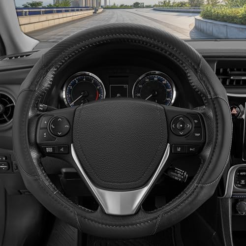Image of Motor Trend GripDrive Carbon Fiber Steering Wheel Cover, Non-Slip Sporty Racing Faux Leather Ergonomic Comfortable Handle, Steering Wheel Cover for Cars Trucks Vans SUV - Fits Standard 15 Inch - Black
