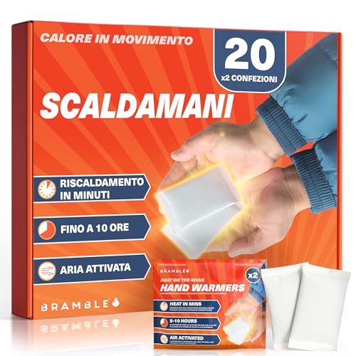 Bramble - Scaldamani (20 paia, 40 in totale) - Scaldamani tascabili attivati ​​dall'aria per attività all'aperto - Riscalda in pochi minuti e senza odori - Fino a 10 ore di calore