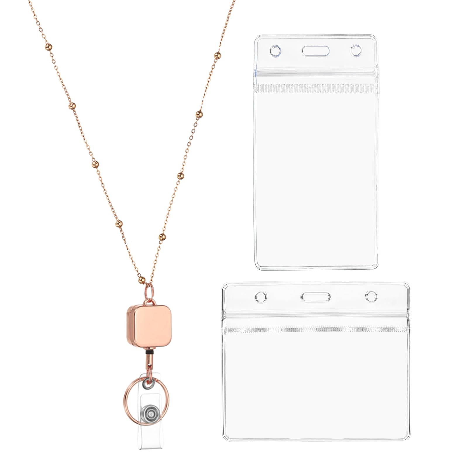 PATIKIL Badge Necklace Lanyard with ID Holder,304 Stainless Steel Retractable Square Badge Reel Lanyard Clip Chain with 1 Set ID Holder for Woman Office ID Card Key,Rose Gold