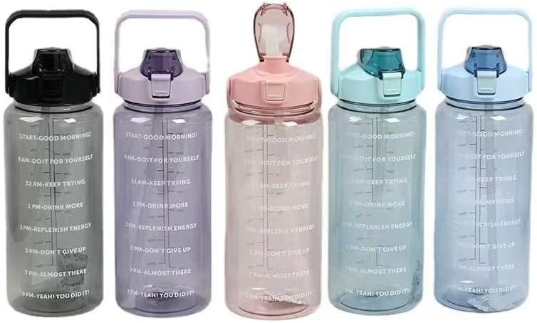 Motivational 64 oz Gym Sports Clear Plastic Drink Water Bottle with Time Marker & Straw (Black)