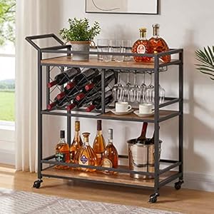 FATORRI Bar Cart, Bar Cart for The Home, Rolling Home Bar Serving Cart on Wheels, Wine Cart with 3 Tier Shelves, Liquor Beverage Cart with Wine Rack and Glass Holder (Rustic Oak) FATORRI Bar Cart Bar Cart for The Home Rolling Home Bar Serving Cart on Wheels Wine Cart with 3 Tier Shelves Liquor Beverage Cart with Wine Rack and Glass Holder Rustic Oak
