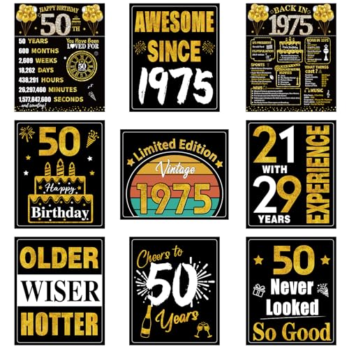 Turypaty 50th Birthday Decorations for Men Women, 9pcs Black Gold Happy 1975 50 Birthday Banner Signs for Walls Doors Windows Yard Garden Party Supplies, Fifty Birthday Table Toppers Photo Props Decor