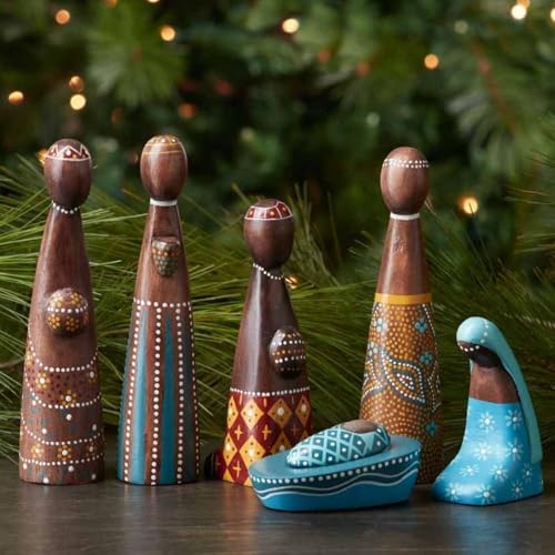 Dear Holidays Small Wooden Tabletop Nativity Set (Colorful Batik Dots 7 pcs)