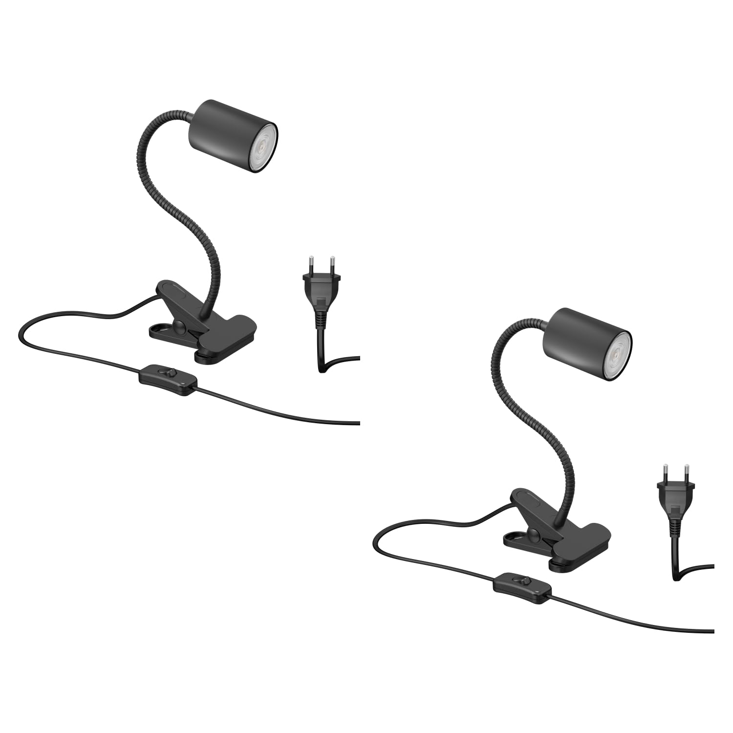 ledscom.de 2x lámpara de pinza WAIKA cuello de cisne e interruptor negro mate GU10 LED, PAR16, blanco cálido, 6,05W, 374lm, 70°, regulador de intensidad de 3 niveles