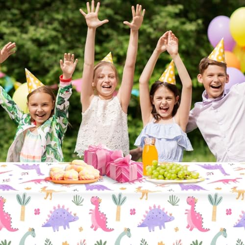 Image of 3pcs Pink Dinosaur Birthday Tablecloths 108x54inch Watercolor Dinosaur Birthday Decorations for Girls Dino Birthday Party Disposable Table Covers