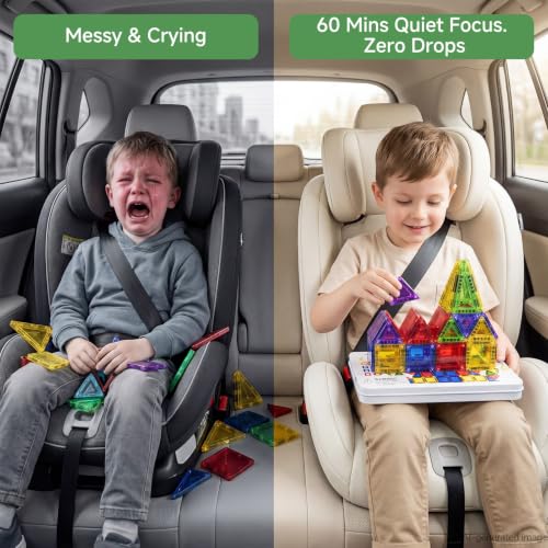 Image of Mini Magnetic Tiles for Kids Travel 60 Mins Quiet Play 30s Cleanup | 40 PCS Cartoon Tin Box Magnet Building Blocks to Stop Crying - Birthday Gift Boys Girls Age 3-8
