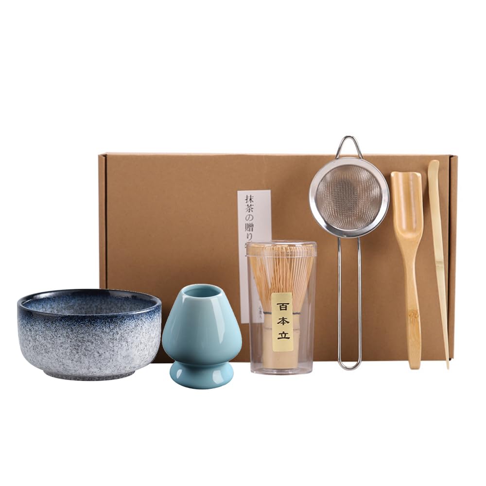 Beauenty Japanese Matcha Tea Set, Matcha Bowl, Matcha Bamboo Whisk, Scoop, Sifter, Matcha Whisk Holder, Handmade Ceremony Kit (Kiln Turns Blue)