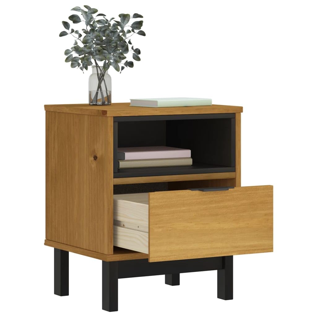 Comodino Flam 40x35x50 Cm Legno Massello Pino | Con 1 cassetto e 1 vano, maniglia in plastica, finitura rovere, assemblaggio richiesto