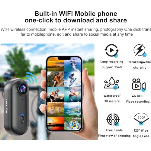 4K Wearable Mini Sports Camera with Magnetic Mount–Compact Action Camera-120-Minute Battery Life Wi-Fi, IPX7 Waterproof Encoding 360°Clip One-Tap Recording for Cycling,Motorbiking,Hiking,Vlogging (B)