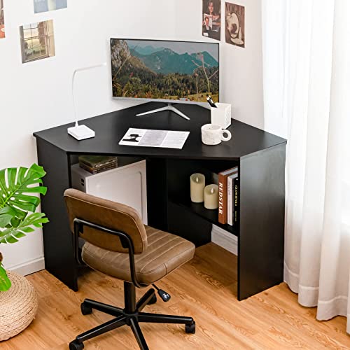 Tangkula Corner Desk, 90 Degrees Triangle Corner Computer Desk For Small Space, Bedroom Corner Makeup Vanity Desk With Storage Shelves & Cpu Stand, Space Saving Corner Desk #TOP1