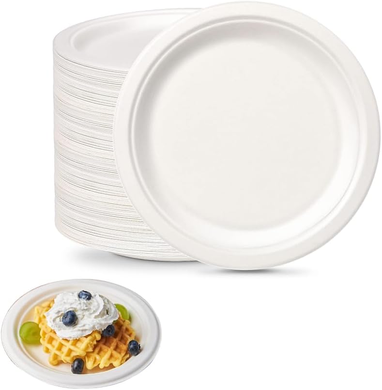 50pcs Disposable Compostable Paper Plates,Heavy Duty Disposable Eco Plates, Made of Natural Sugarcane Fibers,for Party BBQ Picnic White (8.86 * 0.79in)
