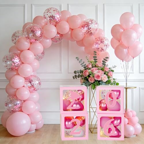 Image of Pink Graduation Decorations Class of 2026 - Set of 4 Balloons Boxes with Letters 2026 GRAD So Proud of You, Congrats Grad Party Decorations for Any Grades