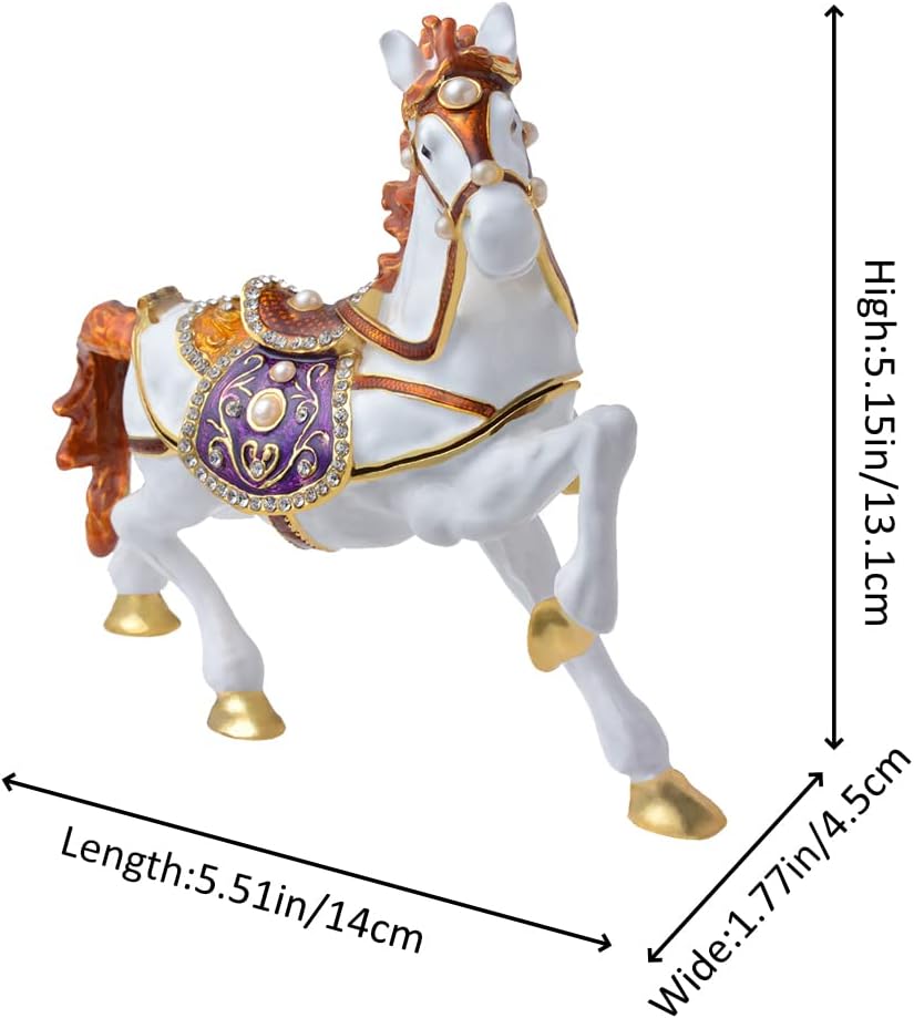 Golden Crystal Enameled Horse Jewelry Box, Hand-Painted Hinged White Horse Trinket Box, Elegant Home Décor & Unique Gift for Equestrians