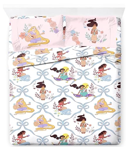 Image of Jay Franco Kids Sheet Set with Fitted, Flat Sheets & Pillow Cover - Ultra-Soft Bedding with Pillowcase for Room Decor, White - Disney Princess, 4 Piece Full