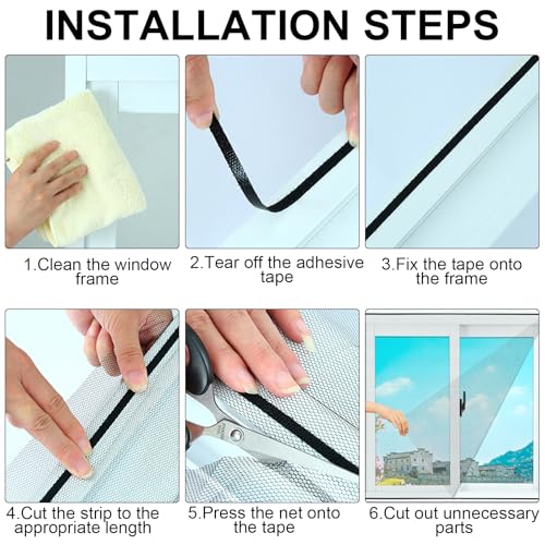 6 Stück Fliegengitter Fenster,130 x 150cm Insektenschutz Fenster,Moskitonetz Fenster, mit Klettband Selbstklebend, Moskitonetze für Fenster schützen die Familie vor Insekten (Schwarz)