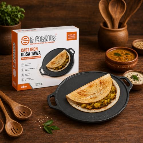 Image of E-COSMOS Cast Iron Dosa Tawa (12 Inch / 30 cm) - Pre-Seasoned Flat Griddle Pan for Uthappam, Paratha, and Naan - Induction Friendly Cookware, Black