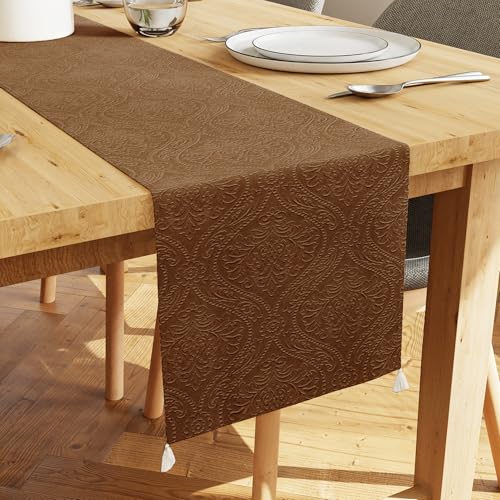 Image of Encasa XO 4 to 6 Seater Dining Embossed Velvet Table Runner | Size 32x183 cm | Coffee Color with Premium Polyester - Machine Washable