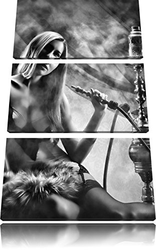 Pixxprint Frau mit Shisha im Nebel als Leinwandbild/Größe: 3 Teilig (120x80 cm) cm/Wandbild/Kunstdruck/fertig bespannt