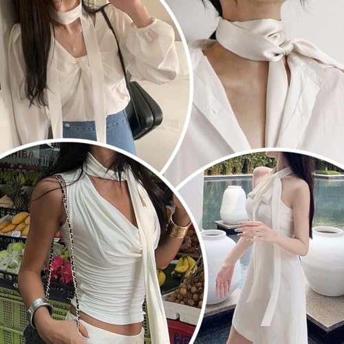 White Silk Chiffon Scarf Long Thin Solid Color Neckerchief Rectangle Skinny Belt Waistband Soft Satin Neck Tie Chocker Ribbon Scarves for Women Costume Accessory Handbag Handle Hairband4