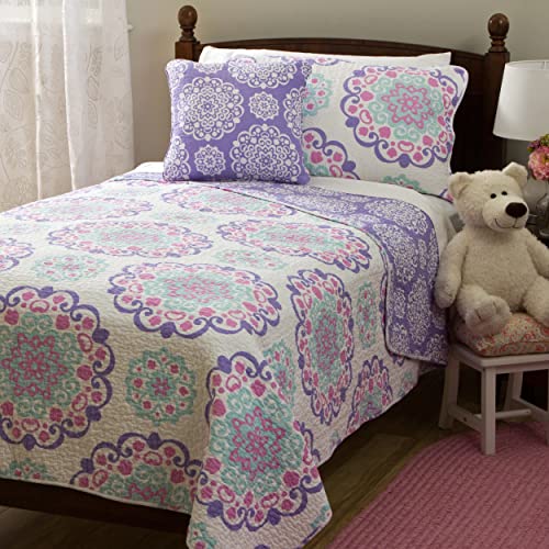 Mytex, Vivian 4-Piece Quilt Set Featuring Medallion Pattern, Bohemian Style, Cotton, Reversible Bedding, Teen, Girls, Purple, Aqua, And Pink Full #TOP2