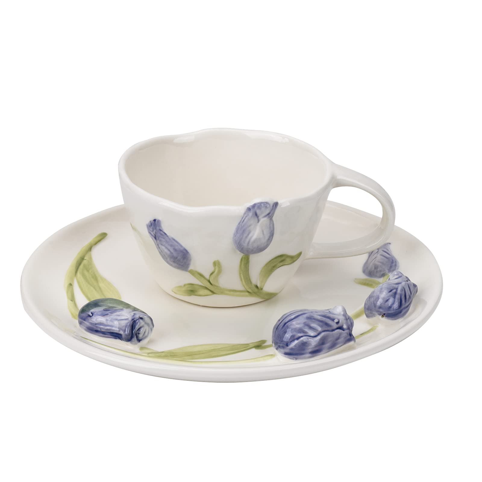 KoythinCeramic Coffee Mug with Saucer Set, Cute Creative 3D Tulip Cup Unique Design for Office and Home, Dishwasher and Microwave Safe, 8.5 oz/250 ml for Latte Tea Milk (Purple Tulip)