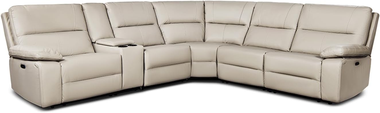 Pemberly Row Modern Power Motion Reclining Sectional, 6-Piece, 129.9" W x 116.9" D x 39.8" H, Top-Grain Leather, Cream Taupe Beige, Adjustable Seats, Cup Holders, Modular Design for Family Rooms
