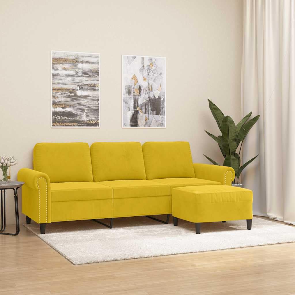 3-osobowa sofa z taboretem, żółta, aksamit, 180 cm, sofa relaksacyjna z miejscem do przechowywania i funkcją regulacji, do salonu, łóżka dla gości, biura