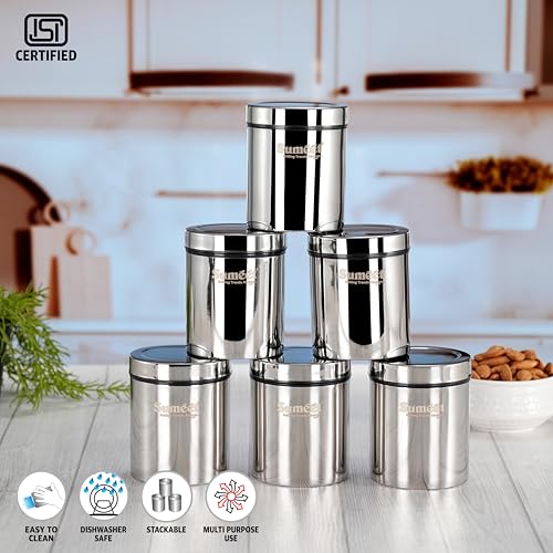 Image of Sumeet ISI Certified Stainless Steel Air Tight Storage Container /Jar /Canister /Dabba with Threading Screw Cap for Kitchen - Pack of 6Pc, 8.3cm, 450ml, Silver
