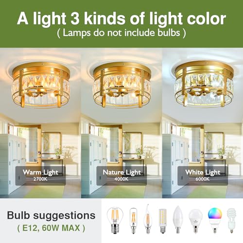Image of Modern Crystal Ceiling Light Fixture 3 Lights Mini Flush Mount Chandelier Gold Cage Round Ceiling Light for Foyer Hallway Dining Room Living Room Bedroom