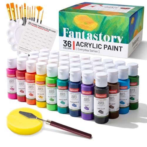Fantastory Acrylic Paint Set 36 Colors (2oz/60ml) with 16-Piece Kit (12 Brushes Color Chart Palette Scraper Sponge) Includes 3 Metallic Colors. Non-toxic & waterproof paint for wood pumpkin rock canvas clay. Great for artists DIY crafts & 3D printing.