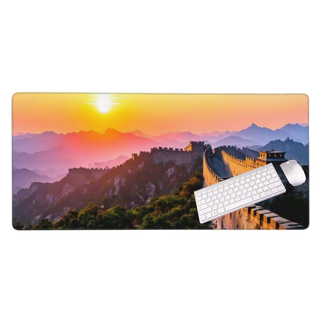 Alfombrilla de ratón 1400x600x3 MM, Alfombrilla Ratón XXL Extendida de Gran Tamaño con Bordes Cosidos, Base de Goma Antideslizante Almohadilla para Teclado, Sunset Great Wall S-8489