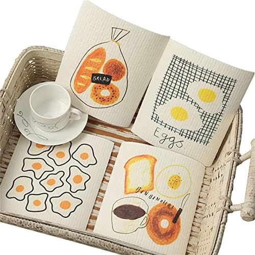 Reusable Paper Towels Washable Swedish Dishcloths for Kitchen, Cotton Dish Cloths for Washing Dishes Odor Free, Biodegradable Cellulose Sponge Cloths Dish Rags for Washing Dishes, 4 Pack (A)
