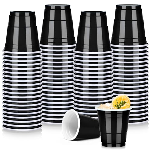Pineburg 100 Pack 2oz Black Plastic Shot Glasses - Graduation Party Cups Elegant Spring Celebration Disposable Cups for Easter Mothers Day & Graduation Ceremonies