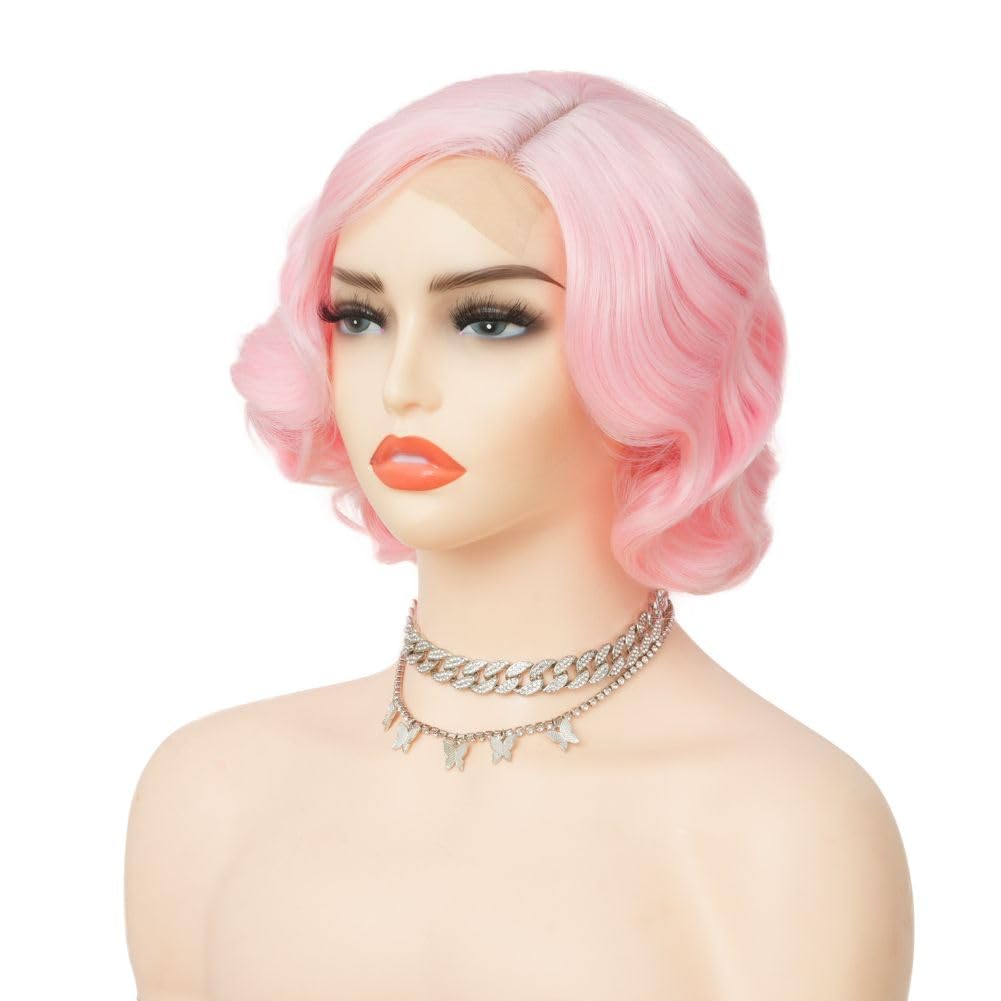 Pink Finger Wave Wigs for Women 1920s Wig Synthetic Heat Resistant Wigs Lace Front Cosplay Halloween Wig