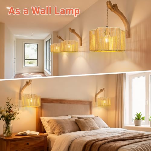 Image of Hanging Light Lamp Shades Boho Rattan Lamp Shades, Woven LampShades for Floor Lamps Rattan Pendant Lights Boho Light Lamp, Table Lamps, Plug in Pendant Light Hanging Lamp