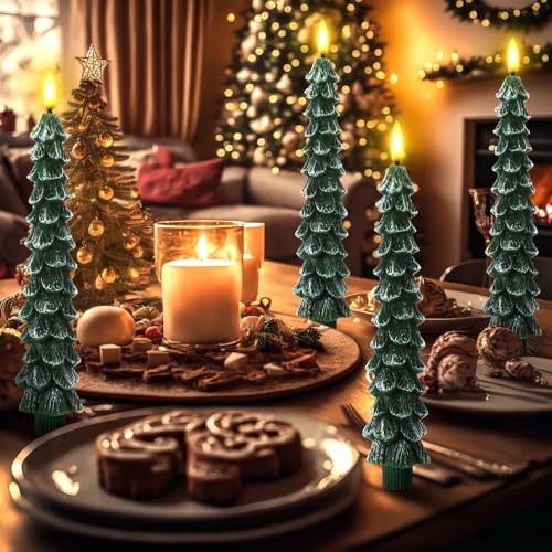 Image of Funtery 6 Pcs LED Christmas Tree Flameless Taper Candles Real Wax Battery Operated Candlestick Lights with 3D Flame and Remote Timer Window Fireplace (Frosted Green,Christmas Tree)