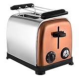 Team Kalorik Tostadora de 2 ranuras, Soporte para calentar panecillos incluido, Cajón recoge-migas integrado, 800 W, Plateado/Cobre, TKG TO 1050 CO