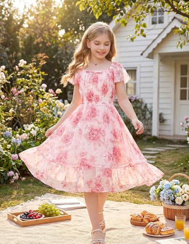 GRACE KARIN Girls Floral Summer Dress Flutter Sleeve Square Neck Midi Casual Dress for Girl 6-14Y - Image 4