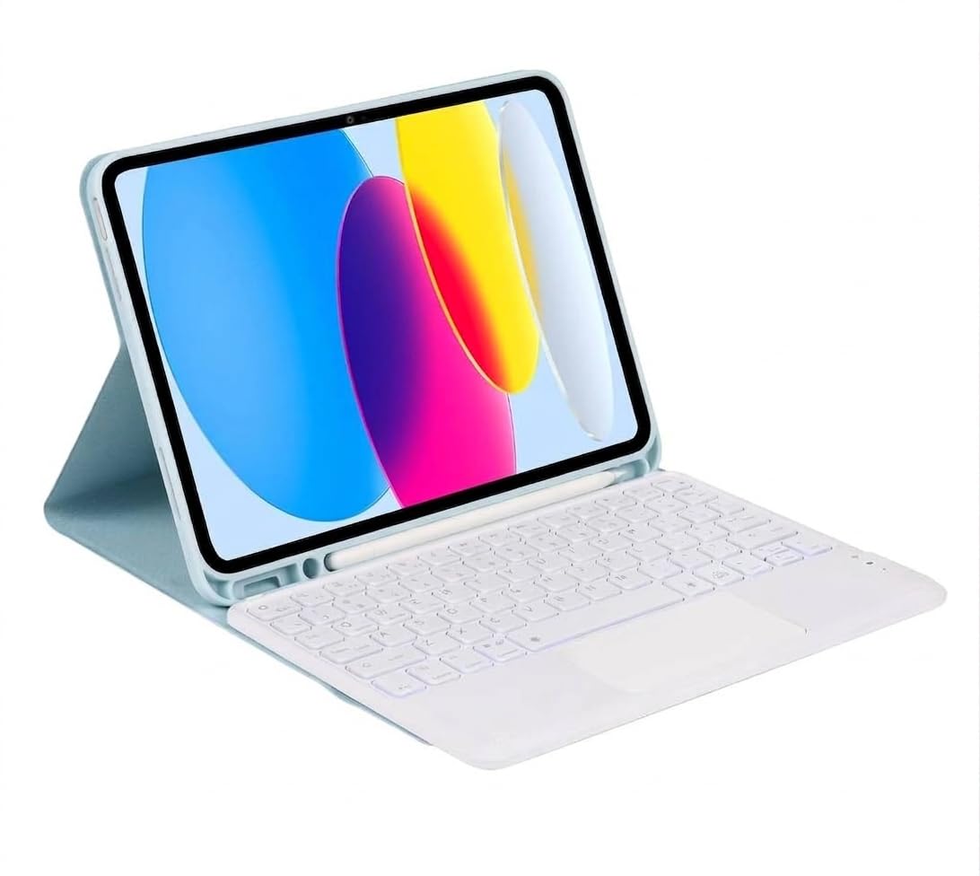 RTSY Keyboard case for iPad 11 (A16, 2025) & 10th Gen with New Anti-Drop Keys, Touchpad & 7-Color Backlit,A,Multi Viewing Angle,Pencil Slot,Magnetically Detachable Bluetooth Keyboard-Blue/White-image-13