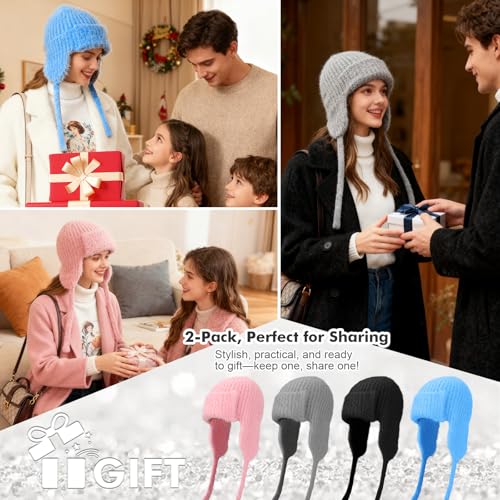 TAGVO 2 PCS Women's Winter Knit Hats, Soft Faux Mink Beanies with Earflaps & Tie Strings, Lightweight Skull Cap Warm Trapper Hat for Outdoors - Image 5