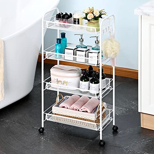 Toolf 4-Tier Rolling Cart, Metal Utility Cart With 3 Hooks, Easy Assemble Mobile Storage Trolley On Wheels, Slide Out Shelving Units Kitchen Bathroom Laundry Room #TOP6