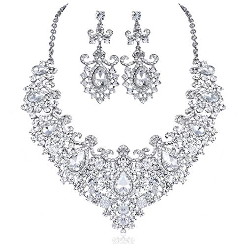 Janefashions STUNNING CLEAR AUSTRIAN RHINESTONE CRYSTAL NECKLACE EARRINGS SET N12187 SILVER